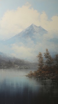 Acrylic paint of fuji mountain with lake outdoors nature mist.