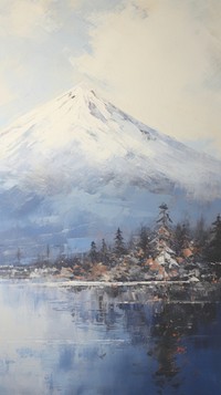 Acrylic paint of fuji mountain with lake landscape outdoors painting.