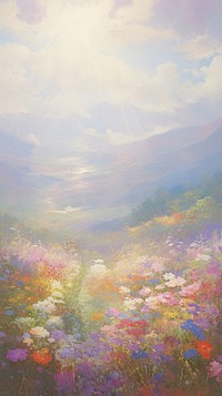 Acrylic paint of flower field with rainbow landscape outdoors painting.