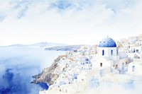 Santorini summer watercolor background blue architecture landscape.
