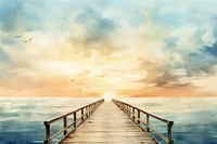 Sunset pier watercolor background painting sky boardwalk.