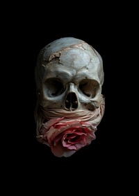 Skull with rose wrap around it horror photo black background.
