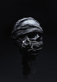 Skull with rose wrap around it black photo black background.