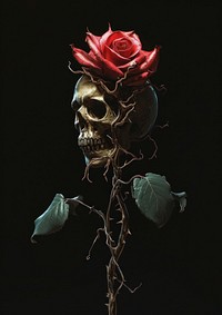 Rose stem wrapped around a skull rose flower plant.