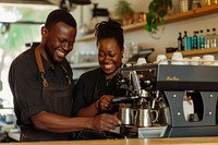 Black male and female staff In Coffee Shop making coffee adult.
