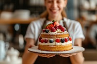 Woman make a cake in bakery shop dessert food celebration.