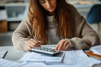 Woman checking bills and doing budget with calculator writing paper pen.