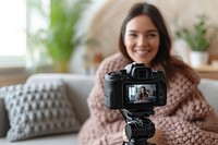 Woman record live video to present product camera selfie adult.