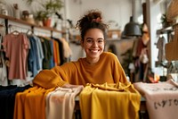 Woman working in clothes shop leaning on counter portrait smile happy.