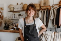 Woman working in clothes shop leaning on counter smile happy entrepreneur.