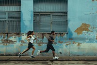 Couple wearing sportwear running together footwear jogging sports.