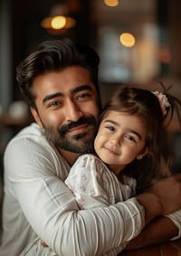 Indian dad spend time with daughter family portrait hugging.
