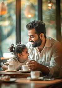 Indian dad spend time with daughter coffee adult cafe.