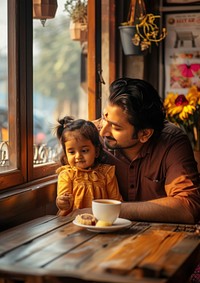 Indian dad spend time with daughter portrait family coffee.