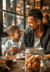 Latin dad spend time with son family coffee child.