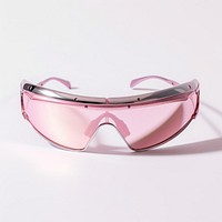 Metal wraparound sunglasses pink lens white background accessories protection.
