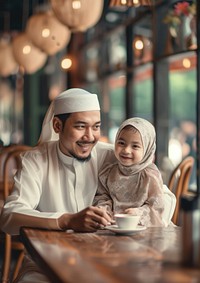 Muslim dad spend time with daughter family cafe togetherness.