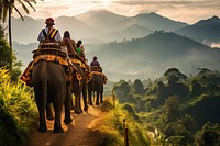 Tourists riding the elephant land landscape adventure.
