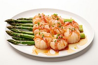 Asparagus vegetable seafood shrimp.