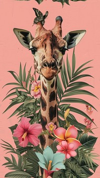 Realistic vintage drawing of wildlife flower giraffe animal.