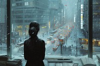 A business women dressed in formal clothes in front of a floor-to-ceiling window in an office snow adult city.