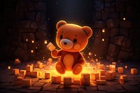 A giant cubed skinny cute brown cube teddy bear in the dark with rocks behind it lighting cartoon fire.