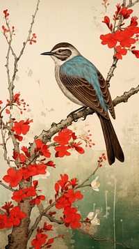 Traditional japanese wood block print illustration of bird with spring flowers garden landscape painting animal plant.