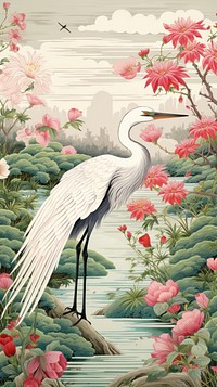 Traditional japanese wood block print illustration of spring flowers garden landscape with holy heron flying outdoors painting animal.
