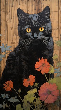 Traditional japanese wood block print illustration of a black cat with flower on the roof painting animal mammal.