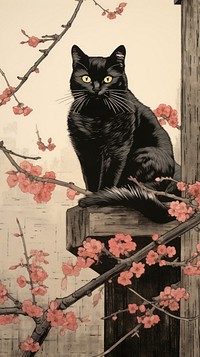 Traditional japanese wood block print illustration of a black cat with flower on the roof animal mammal plant.