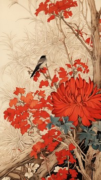 Traditional japanese wood block print illustration of dried flowers pattern plant leaf.