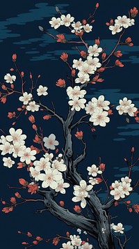 Traditional japanese wood block print illustration of blossom flowers by lake midnight pattern plant backgrounds.