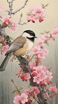 Traditional japanese wood block print illustration of bird with spring flowers garden landscape outdoors painting blossom.