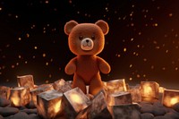 A giant cubed skinny cute brown cube teddy bear in the dark with rocks behind it lighting fire toy.