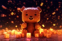 A giant cubed skinny cute brown cube teddy bear in the dark with rocks behind it cartoon light fire.