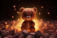 A giant cubed skinny cute brown cube teddy bear in the dark with rocks behind it light toy representation.