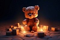 A giant cubed skinny cute brown cube teddy bear in the dark with rocks behind it lighting fire representation.