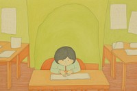 Elementary student studying furniture cartoon table.