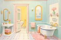 Painting of Bathroom border bathroom bathtub toilet.