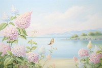Painting of hydrangea border landscape outdoors nature.