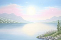 Painting of Lake border landscape sunlight outdoors.