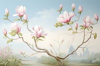 Painting of magnolia border outdoors blossom flower.