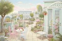 Painting ofGarden architecture building outdoors.