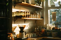 Coffee drip shelf lighting kitchen.