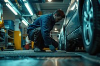 Engineer checking car on ramp in car service vehicle wheel adult.