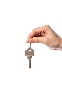 A person holding key lock white background keychain.