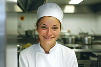 Female chef smilling in the kitchen adult protection restaurant.
