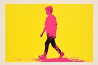 Silkscreen on paper of a boy walking yellow pink.