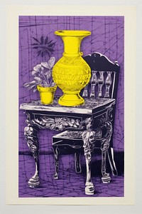 Silkscreen on paper of a Furniture purple vase porcelain.