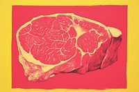 Silkscreen on paper of a meat food red yellow background.